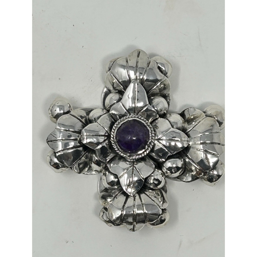 Vintage Mexican 925 Sterling Silver Amethyst Cross Pendant 62g Pre 1948 - Picture 4 of 16